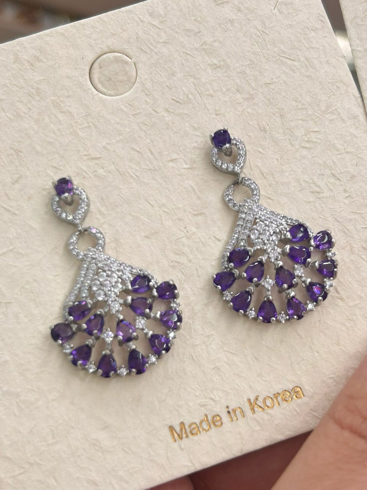 Purple Amethyst Peacock Fan Drop Earrings | Silver Plated Statement Earrings