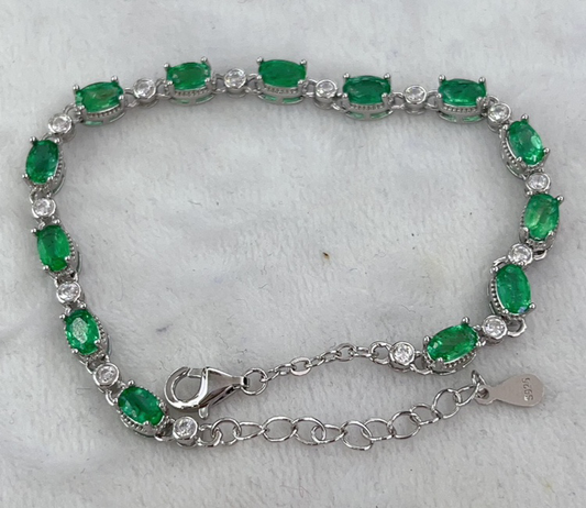 Oval Emerald & Round Cubic Zirconia Tennis Bracelet
